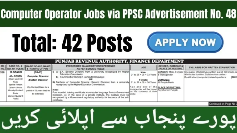 Punjab Revenue Authority Computer Operator Jobs PPSC Ad 48/2025 Online Apply