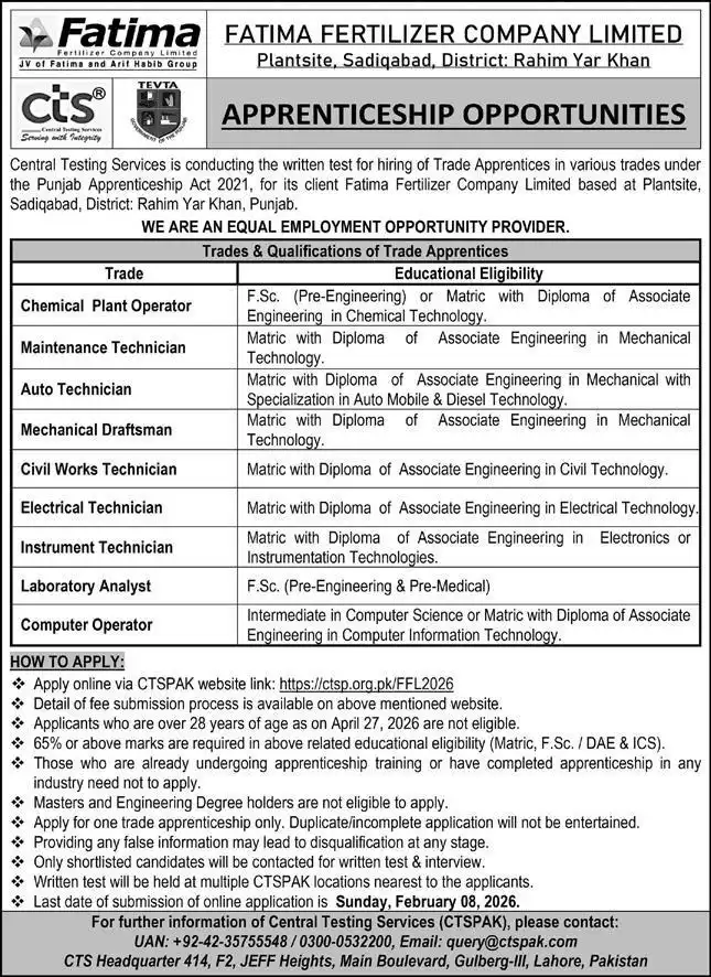 Fatima Fertilizer Apprenticeship Program 2026 – CTS Test, Trades & Eligibility Detail 6 Fatima Fertilizer Apprenticeship Program 2026