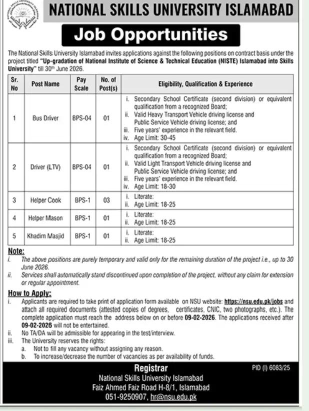 Government Jobs in Islamabad 2026 – National Skills University NSU Hiring 6 National Skills University NSU Jobs 2026: