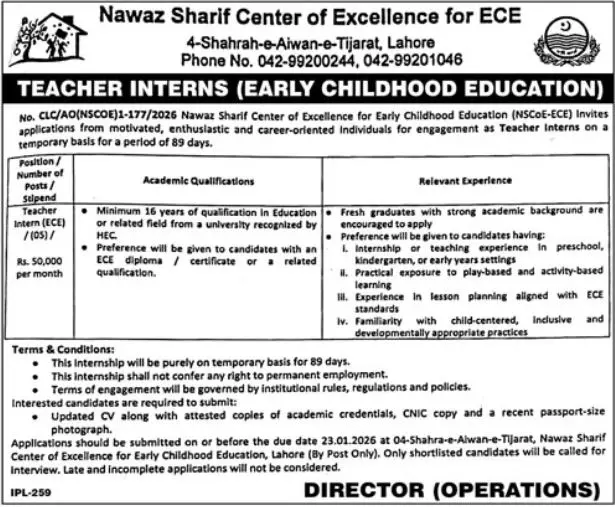 Nawaz Sharif Center Announces ECE Teacher Internships 2026 in Lahore