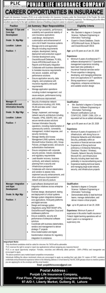 Punjab Life Insurance Company Jobs 2026