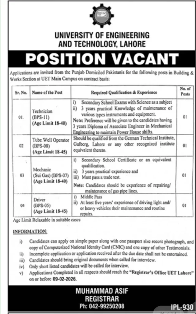 UET Lahore Jobs 2026