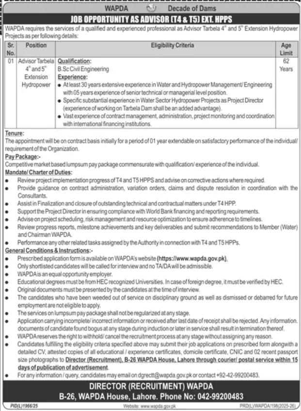 WAPDA Advisor Jobs 2026 Announced 