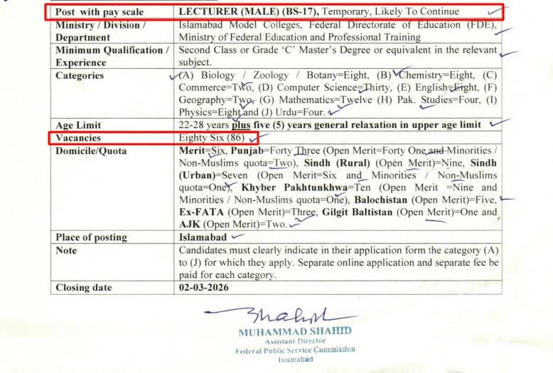 86 Lecturer Jobs Announced by FPSC in Ad No. 1/2026