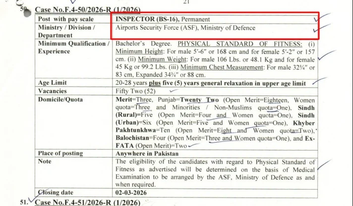 ASF Inspector Jobs 2026 Announced via FPSC Advertisement No. 1