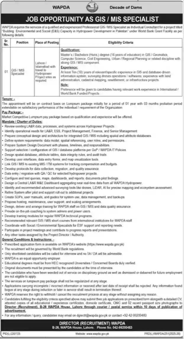 Apply for WAPDA GIS / MIS Specialist Jobs in Pakistan 2026
