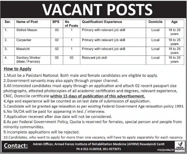 Armed Forces Institute of Rehabilitation Medicine AFIRM Jobs in Rawalpindi Cantt 2026