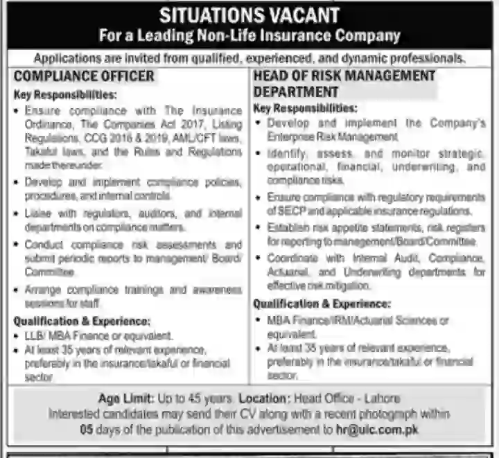 Compliance Officer & Head of Risk Management Jobs 2026 in Lahore Insurance Company