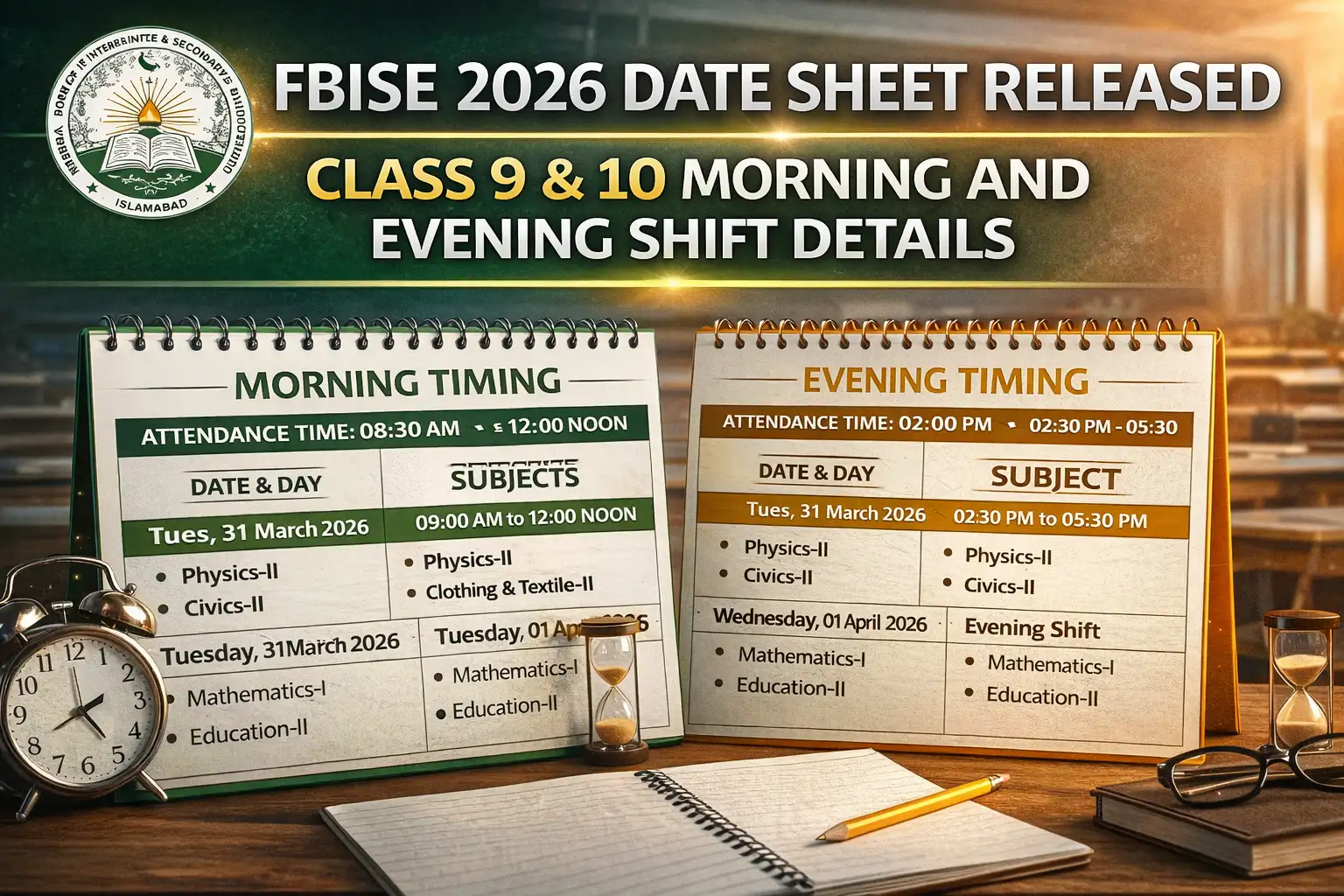 FBISE 2026 Date Sheet Released – Class 9 & 10 Morning and Evening Shift Details