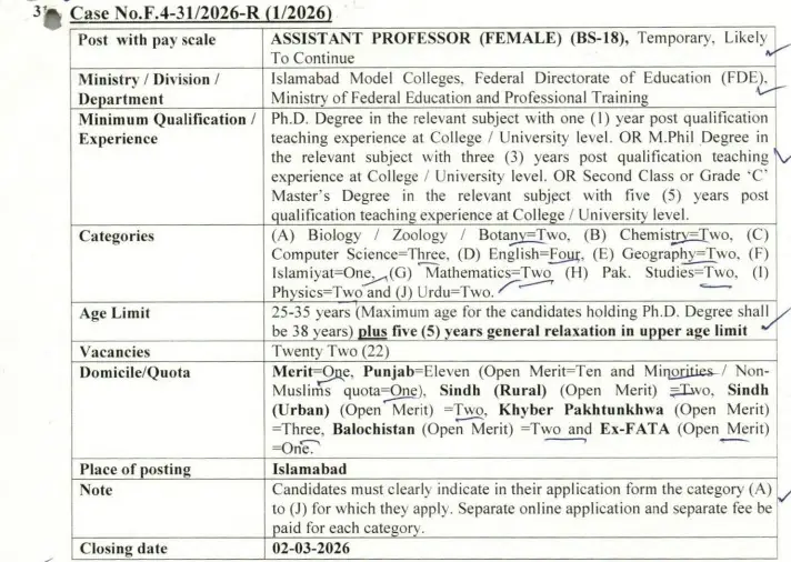 FPSC Teaching Jobs 2026 Assistant Professor Female Posts Announced