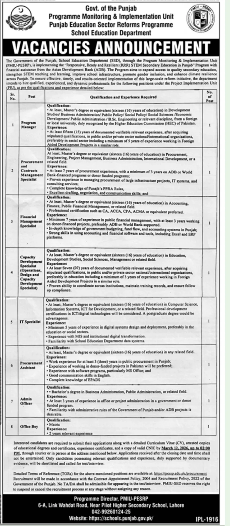 Government of Punjab PMIU Jobs 2026