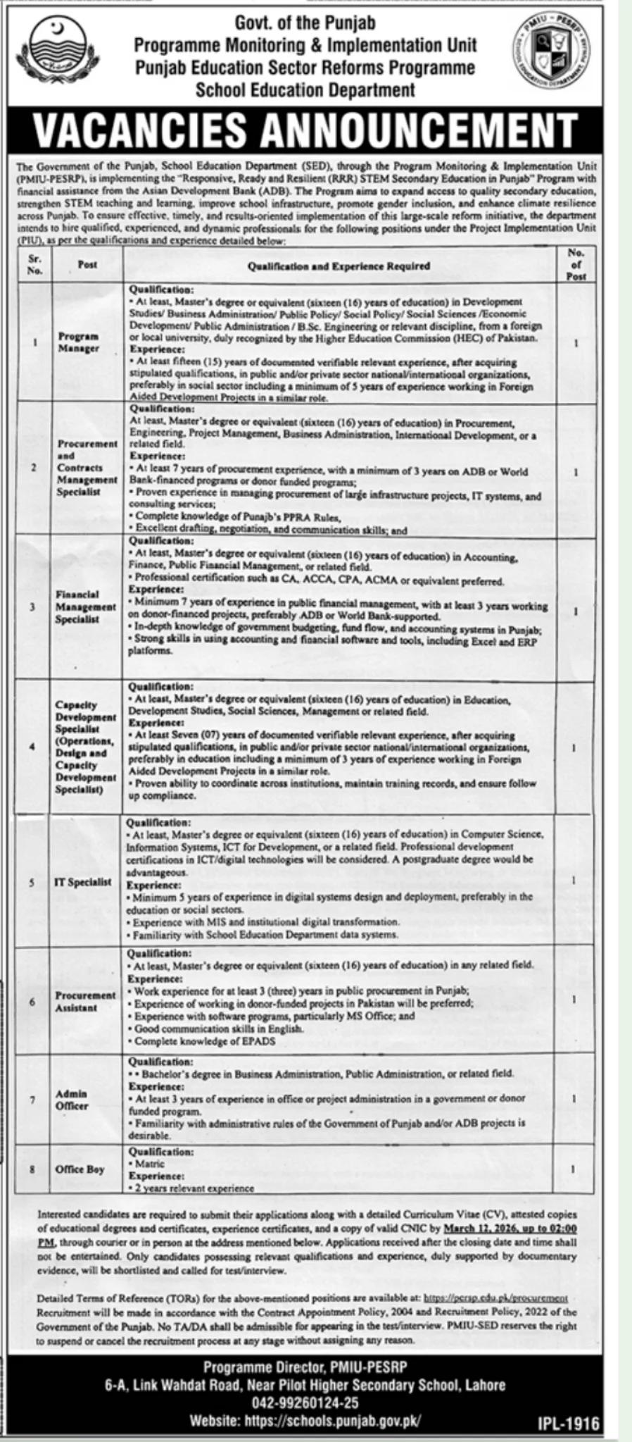 Government of Punjab PMIU Jobs 2026