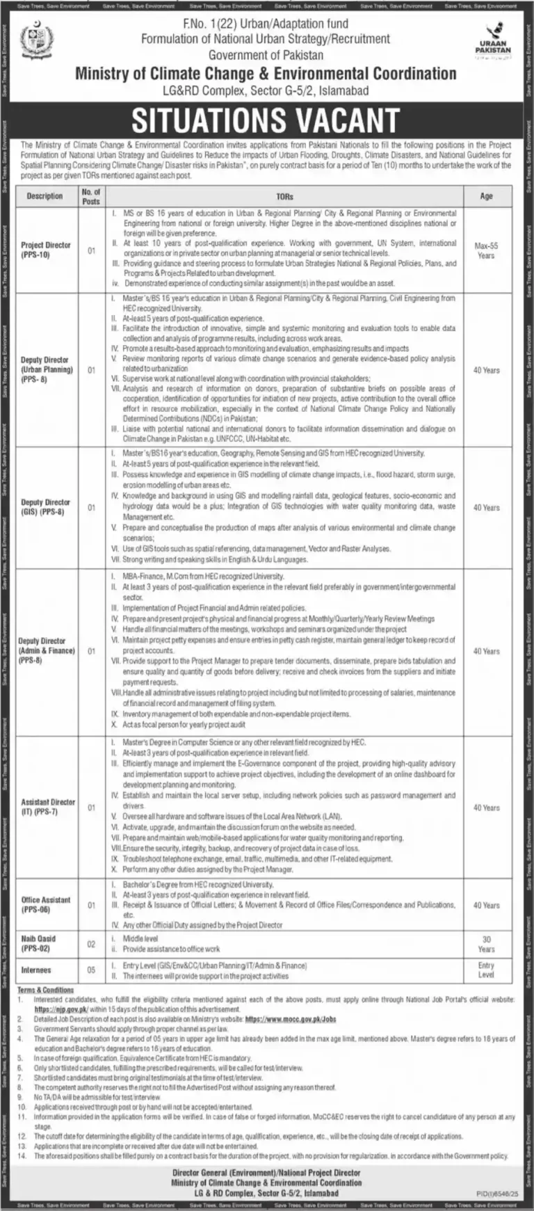 Ministry of Climate Change & Environmental Coordination Jobs 2026 – Situations Vacant (Islamabad)