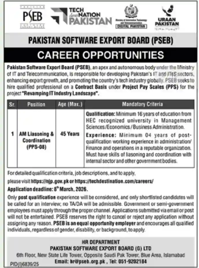 Ministry of IT PSEB Jobs 2026 Apply for Pakistan Software Export Board