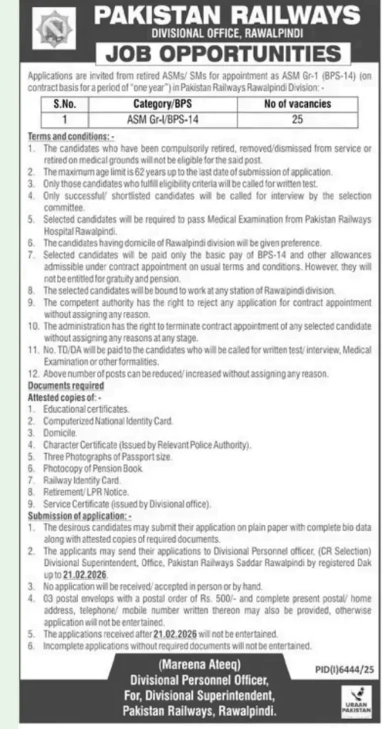 Pakistan Railways ASM BPS-14 Jobs for Retired Staff 2026