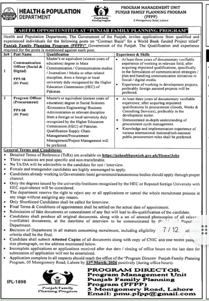 Punjab Family Planning Program Jobs March 2026 – PMU Lahore Vacancies