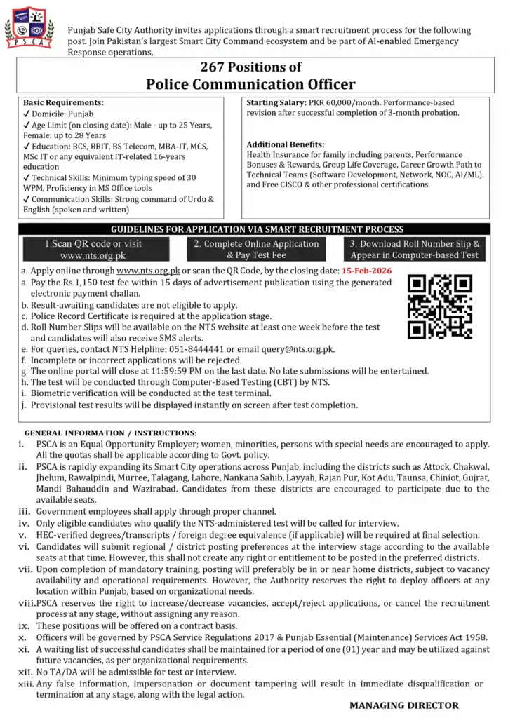 Punjab Safe Cities Authority 267 Police Communication Officer Jobs 2026