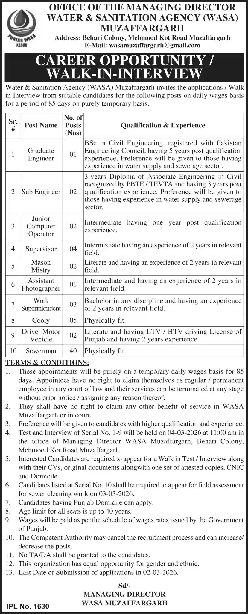 Water & Sanitation Agency WASA Jobs in Muzaffargarh 2026 Walk-In Interview for Multiple Posts