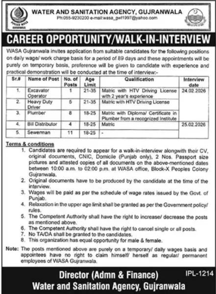 Water and Sanitation Agency WASA Gujranwala Jobs 2026