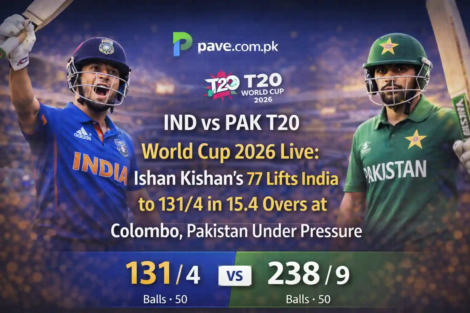 IND vs PAK T20 World Cup 2026 Live: Ishan Kishan’s 77 Lifts India to 131/4 in 15.4 Overs at Colombo, Pakistan Under Pressure