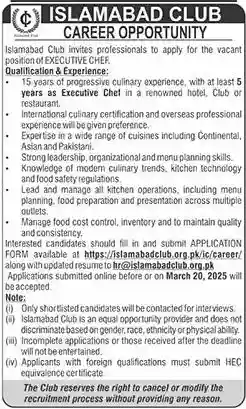 Islamabad Club Executive Chef Jobs 2026