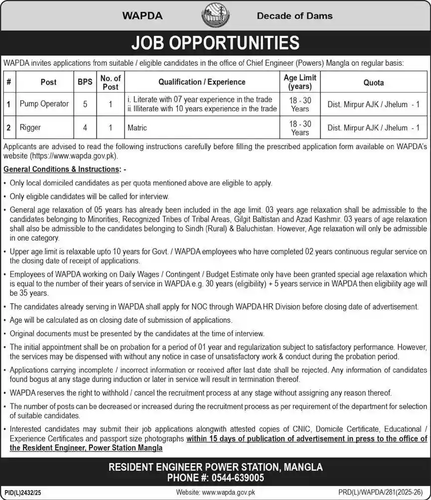 Latest WAPDA Mangla Power Station Jobs 2026