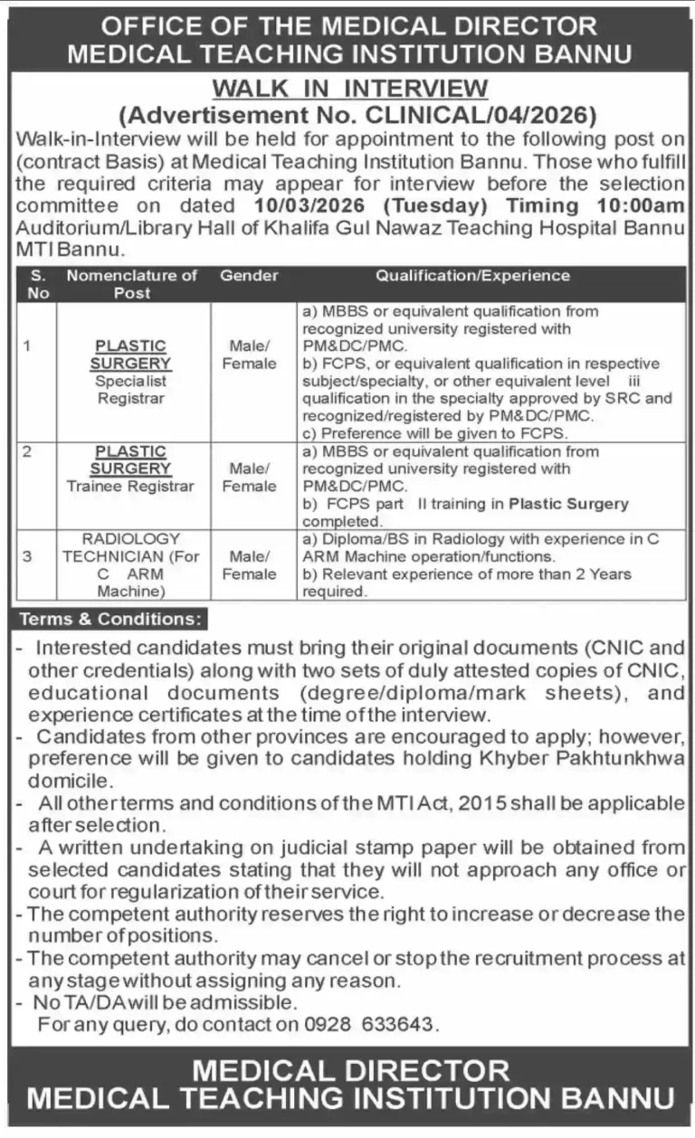 Medical Teaching Institution Bannu Jobs 2026 Walk-In Interview – MTI Bannu Latest Vacancies