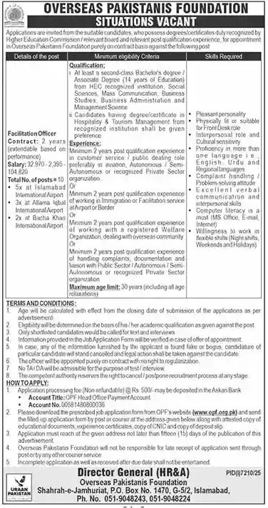 Overseas Pakistanis Foundation Jobs 2026 in Pakistan – Airport Facilitation Officer Vacancies