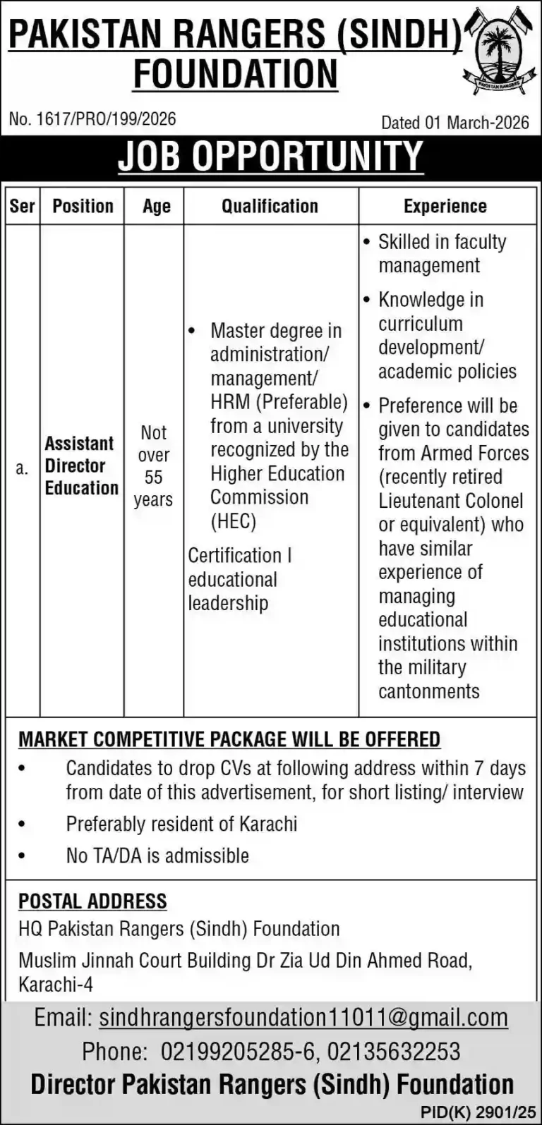 Pakistan Rangers Sindh Foundation Jobs 2026 – Assistant Director Education Vacancy in Karachi