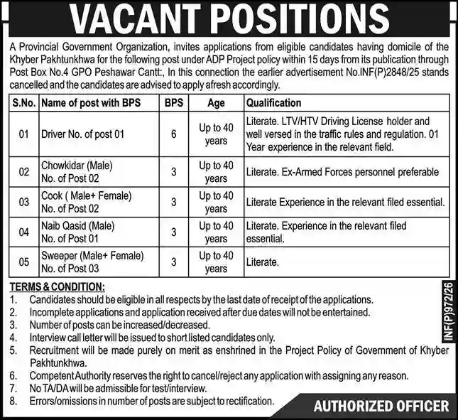 Provincial Government Organization KPK Jobs 2026 Apply via Post Box No 4 Peshawar Cantt