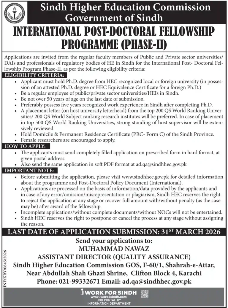 Sindh HEC Post-Doctoral Fellowship Programme 2026